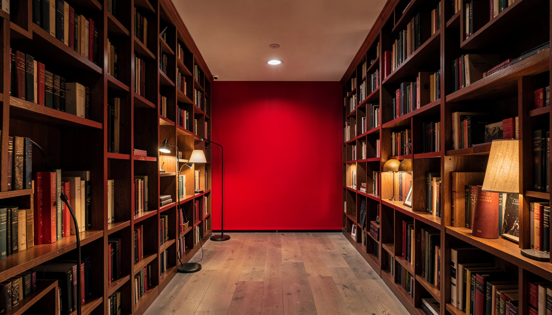 Biblioteca con estanterías de madera oscura, lámparas de lectura y un ambiente de estudio concentrado.