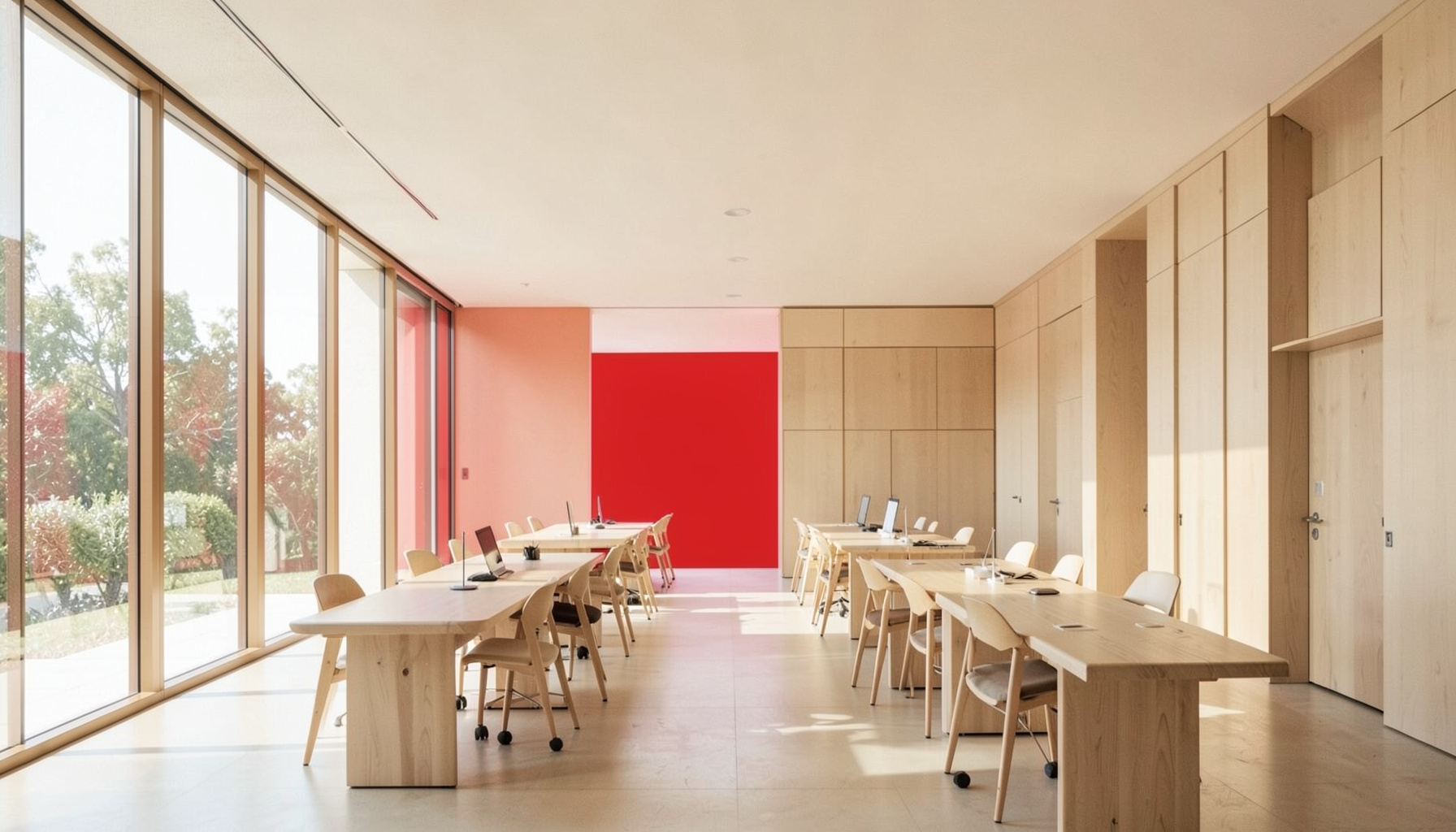 Aula luminosa con grandes ventanales, mesas de trabajo alargadas y una atmósfera serena en tonos crema y madera natural.