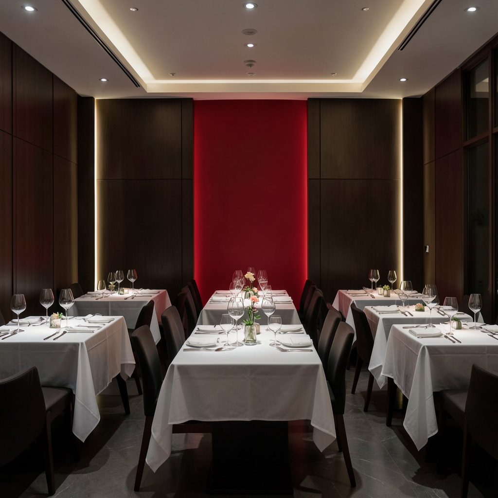 Comedor de restaurante elegante con mesas vestidas, luz tenue y una atmósfera serena de alta gastronomía.