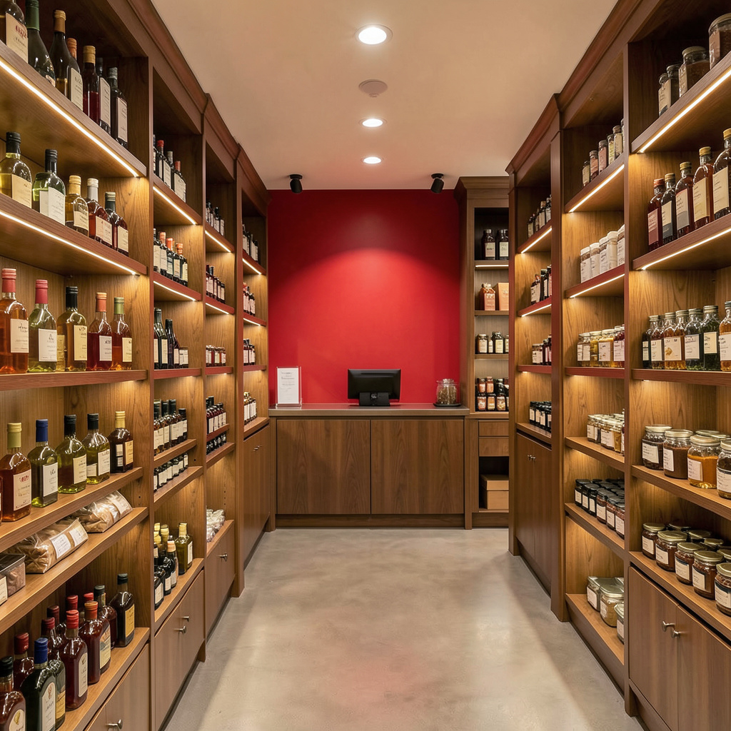 Interior de una tienda gourmet con estanterías de madera, botellas de aceite y conservas, iluminación cálida y atmósfera refinada.
