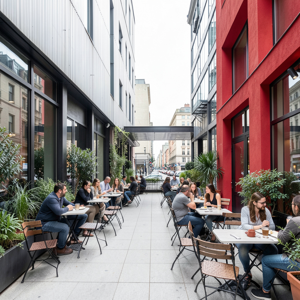Terraza de un bistró urbano con mesas al aire libre, plantas y comensales disfrutando en un ambiente relajado de ciudad.