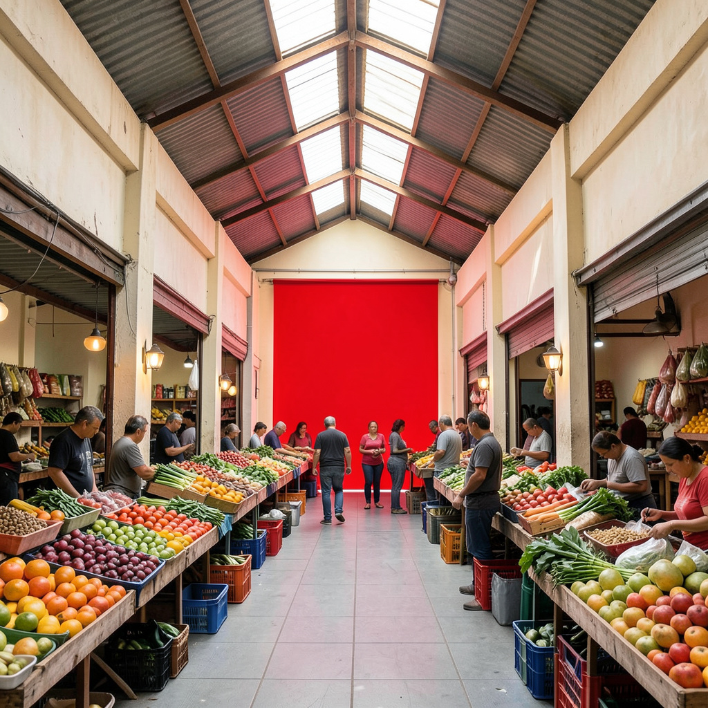 Mercado tradicional con puestos de frutas y verduras coloridas, techos altos y luz natural, ambiente animado y acogedor.