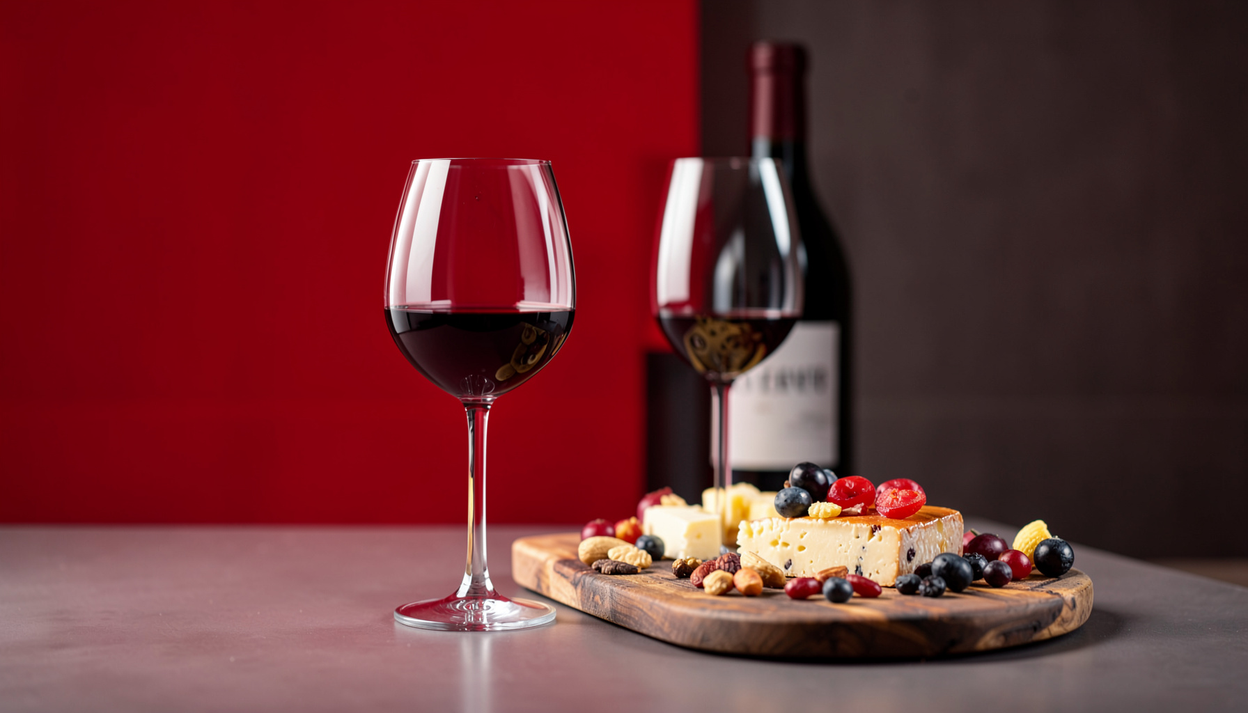Dos copas de vino junto a una tabla de quesos y frutos secos, con una botella en segundo plano, en ambiente de cata.