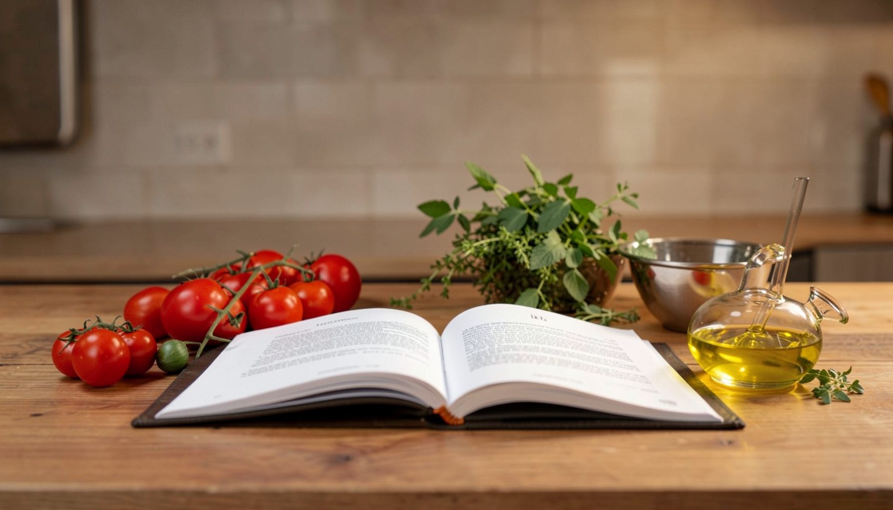 Libro de cocina abierto sobre una encimera de madera junto a ingredientes frescos: tomates, hierbas aromáticas y un cuenco de aceite de oliva, con luz cálida de cocina.