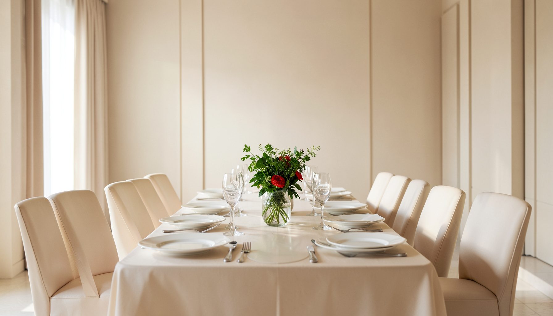 Mesa de comedor elegantemente dispuesta con vajilla blanca, copas de cristal y un centro de hierbas frescas, iluminada por luz natural suave que realza los tonos crema y dorados.