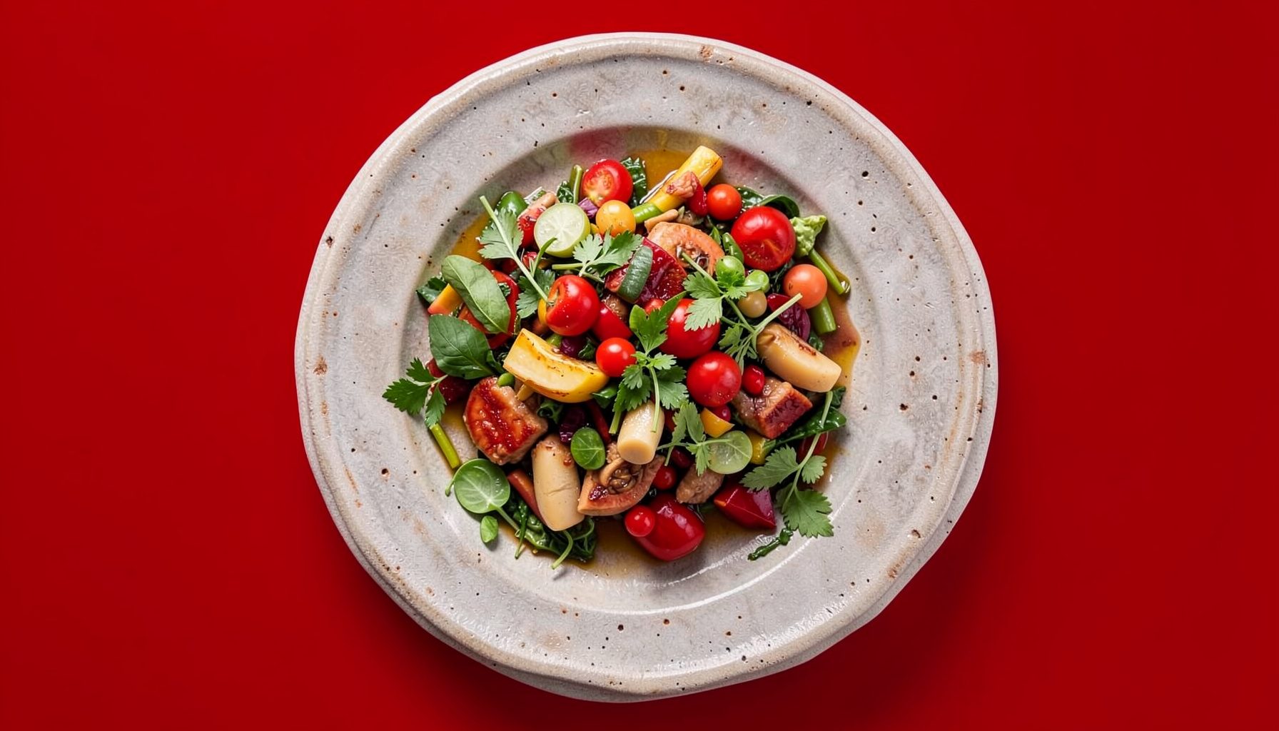 Plato emplatado con precisión sobre vajilla artesanal, mostrando una receta creativa con verduras de temporada y hierbas frescas.