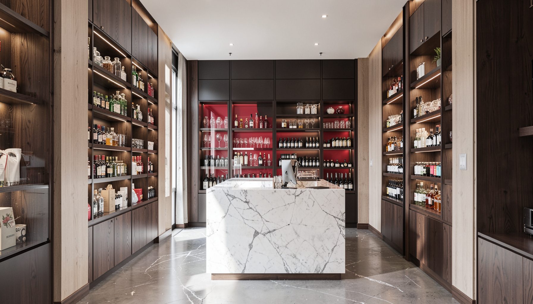 Espacio gourmet con mostrador de mármol, estanterías de productos selectos y luz natural.