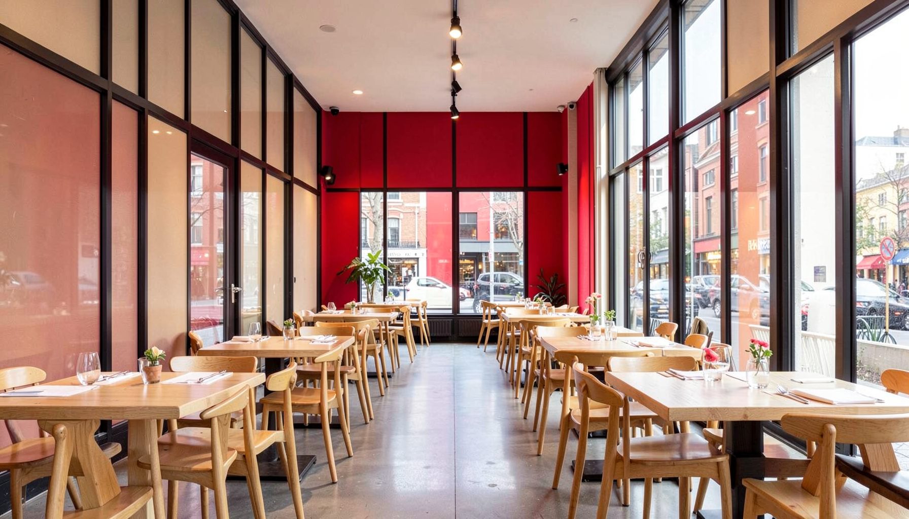 Interior de brasserie luminosa con mobiliario de madera clara, grandes ventanales y ambiente desenfadado.